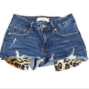 Kancan Leopard Pocket Frayed Distressed Denim Shorts Size Small